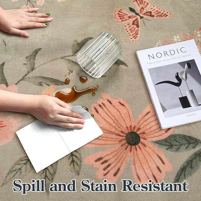 Lahome Floral Washable Kitchen Rug, Ultra-Thin Fall Door Mat, Indoor Entrance Stain Resistant Boho Small Low-Pile Throw Rug for Bathroom Bedroom Flore (2x3ft, Brown)