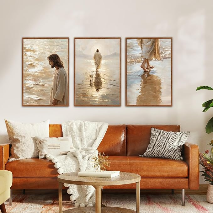 KAlRNE Jesus Walking On Water Wall Art Set of 3(24”X36”),Christian Bible Wall Decor,Neutral Spiritual Gold Framed Canvas Paintings,Lost Sheep Art Prints For Living Room Bedroom Church Office