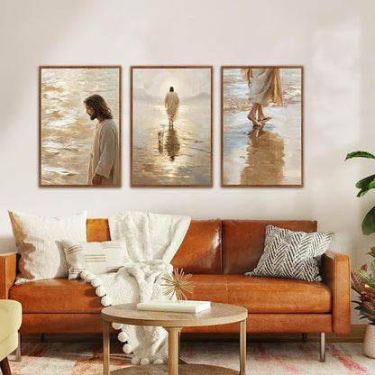 KAlRNE Jesus Walking On Water Wall Art Set of 3(24”X36”),Christian Bible Wall Decor,Neutral Spiritual Gold Framed Canvas Paintings,Lost Sheep Art Prints For Living Room Bedroom Church Office