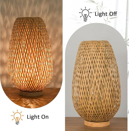 ARTZONE Rattan Lamp, Vintage Boho Lamp for Bedside, Handmade Mini Bamboo Table Lamp for Entrance Bedroom Living Room Office and Home Decor