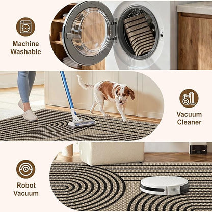 Easy Jute Area Rug, 4' x 6' Washable Rug, Black Farmhouse Ultra-Thin Non-Slip Carpet for Outdoor, Bedroom, Dining Room, Backyard, Home Decor