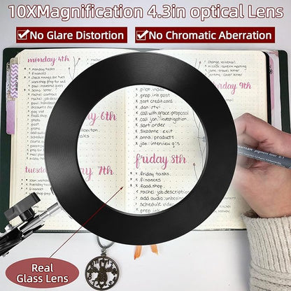 Desk Lamp with Lighting Magnifying Glass: 10x Magnifying Glass Light with 3 Color Modes and 10 Levels of Dimming