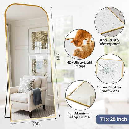 Antok Full Length Mirror, 71"x28" Floor Mirror Freestanding, Arched Floor Standing Large Mirrors Full Body Mirror with Stand for Bedroom, Hanging Mounted Mirrors for Living Room, Gold