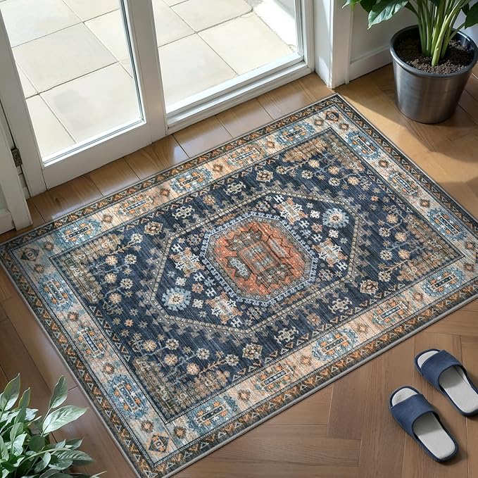 Tangsoo Vintage 2x3 Small Area Rug for Entryway,Washable Indoor Front Door Carpet Non-Slip Rubber Backing Throw Mat for Entry Porch Entrance Kitchen,Blue Orange Doormat
