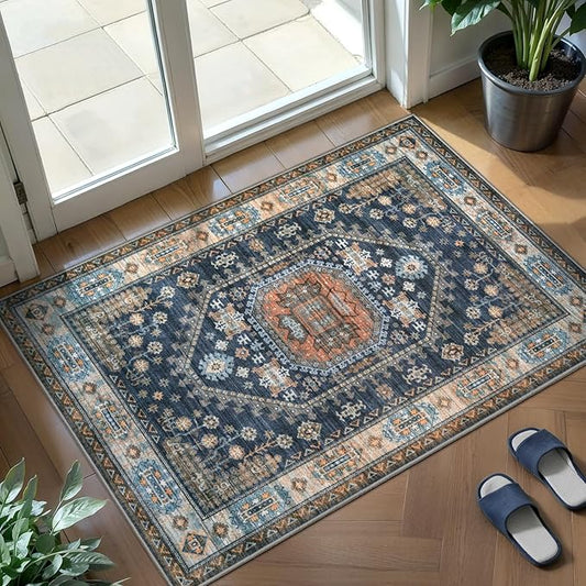 Tangsoo Vintage 2x3 Small Area Rug for Entryway,Washable Indoor Front Door Carpet Non-Slip Rubber Backing Throw Mat for Entry Porch Entrance Kitchen,Blue Orange Doormat