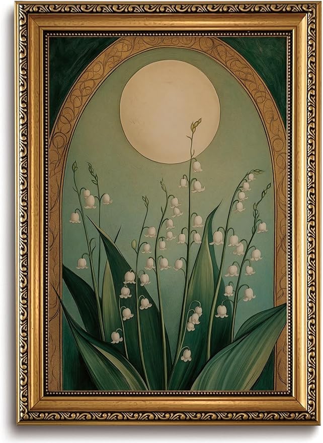 WZGZXU Vintage Gold Framed Wall Art Nouveau Botanical Wall Decor Lily Of The Valley Canvas Art Boho Pictures Floral And Moon Painting Moody Flowers Prints For Living Room Bedroom Bathroom