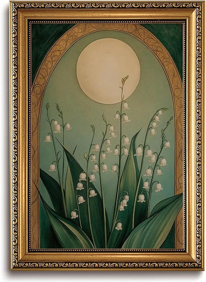 WZGZXU Vintage Gold Framed Wall Art Nouveau Botanical Wall Decor Lily Of The Valley Canvas Art Boho Pictures Floral And Moon Painting Moody Flowers Prints For Living Room Bedroom Bathroom