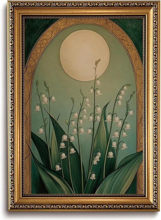 WZGZXU Vintage Gold Framed Wall Art Nouveau Botanical Wall Decor Lily Of The Valley Canvas Art Boho Pictures Floral And Moon Painting Moody Flowers Prints For Living Room Bedroom Bathroom