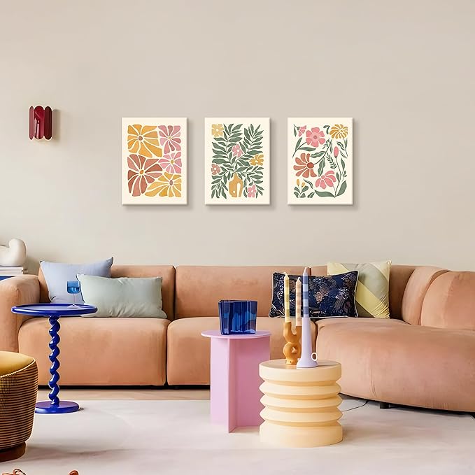 WENGTIAO 3Pcs Flower Market Canvas Wall Art Boho Floral Prints Posters Colorful Blossom Paintings Pictures Minimalist Wildflower Artwork for Living Room Girls Room Nursery Bedroom 12x16x3