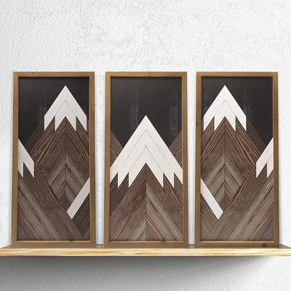 flangairy Set of 3 Mountain Wall Art Framed, 21×10 Inchs Wooden Brown White Abstract Forest Nature Wall Decor, Living Dining Room Bedroom Hallway Rustic Decorations for Home