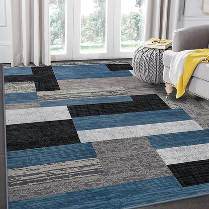 FlyDOIT Modern Geometric Patchwork Area Rug, 6x9 Blue Large Rugs for Living Room, Rockwood Collection Indoor Rugs for Bedroom, Throw Carpet Floor Decor for Entryway Dining Room Office Nursery