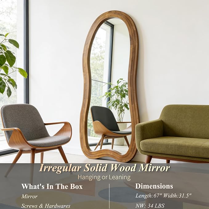 Irregular Floor Mirror, 67"x31.5" Large Wavy Mirrors with Triple Layer Solid Wood Frame, Premium Asymmetrical Full Length Mirror for Living Room Entryway Hallway Bedroom, Leaning/Hanging