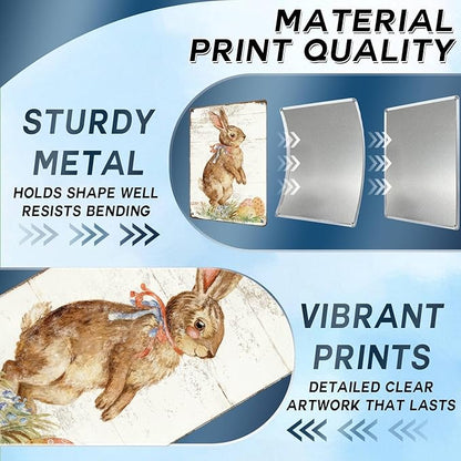 Happy Easter Bunny Metal Sign Spring Theme Rustic Tin Wall Art For Home Kitchen Garden Farmhouse Seasonal Decor 12x16Inch