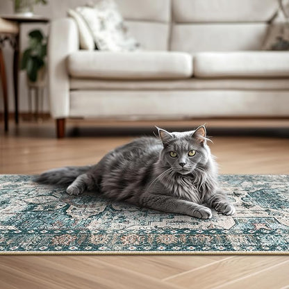 BESTSWEETIE 2x3 Area Rug Washable Rugs for Living Room, No Pile Boho Carpet for Entryway Bedroom Dinning Room, Vintage Carpet Print Distressed Non-Slip, 2 x 3 ft, Green