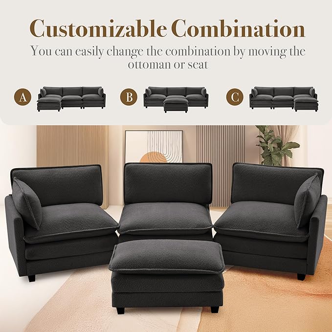 ROWHY 112'' Sectional Cloud Couch with Movable Ottoman, 4 Seat Modern Chenille Modular Sofa with 2 Throw Pillows, Deep Seat L Shaped Couch for Living Room Bedroom Apartment, Dark Grey | Sturdy Frame, Ultimate Comfort, Deep Seat, Pet-Friendly Fabric, Mo...
