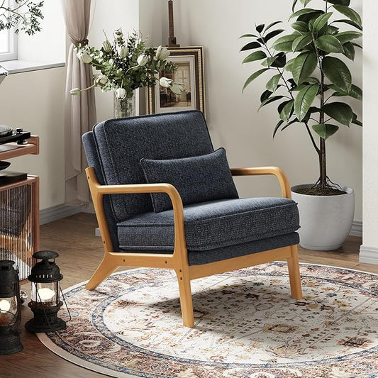 MALOL Accent Chair with Solid Wood Frame, Mid-Century Relaxing Armchair Lumbar Pillow& Soft Cushion, Reading Leisure Chair for Living Room, Bedroom, Waiting Room-Blue