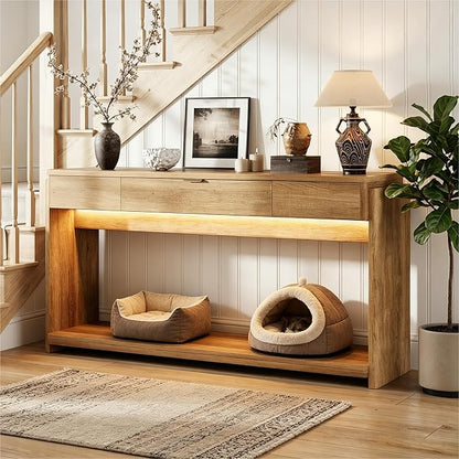 Feonase 71" Long Console Table with Drawer and LED, Wooden Farmhouse Sofa Table Behind Couch, Modern Entryway Table for Living Room, Hallway, Entrance, Foyer, Oak Brown