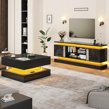chartustriable 71IN LED TV Stands w/Power Outlet for 85/80/75 Inch TVs,High Glossy Modern Tall Entertainment Center TV Media Console Gaming with 2 Storage Cabinets,Dual LED Lights,Black