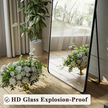 XRAMFY 65"x24" Floor Full Length Mirror Standing Full Body Rounded Corner Rectangle Mirrors with Stand Hanging Wall Mounted Leaning Bedroom Living Room Bedroom Cloakroom,Black