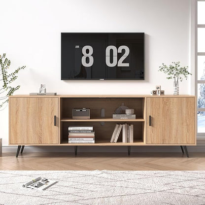 80 Inch Mid Century Modern TV Stand for 75 Inch TV, Wood TV Stand with Storage, Entertainment Center for Living Room Bedroom, TV Media Console, Oak