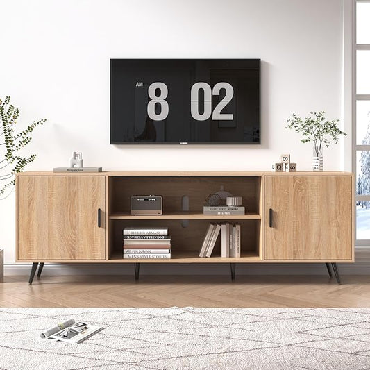80 Inch Mid Century Modern TV Stand for 75 Inch TV, Wood TV Stand with Storage, Entertainment Center for Living Room Bedroom, TV Media Console, Oak