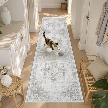 Runner Rug 2x8 Washable Rug, Vintage Boho Medallion Hallway Runner Non-Slip Soft Low Pile Distressed Floor Carpet Retro Doormat for Kitchen Bedroom Laundry Entryway Bathroom (Grey, 2'x8')