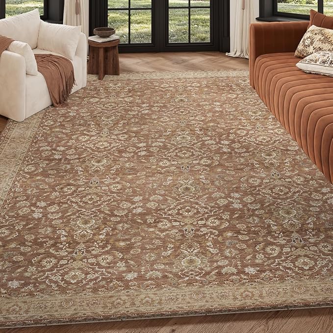 4x6 Area Rugs Reddish Brown Washable Rug for Living Room, Dining Room, Bedroom, Large Carpets, Non Slip & Non-Shedding Low Pile Vintage Print Rug for Home Office Decor