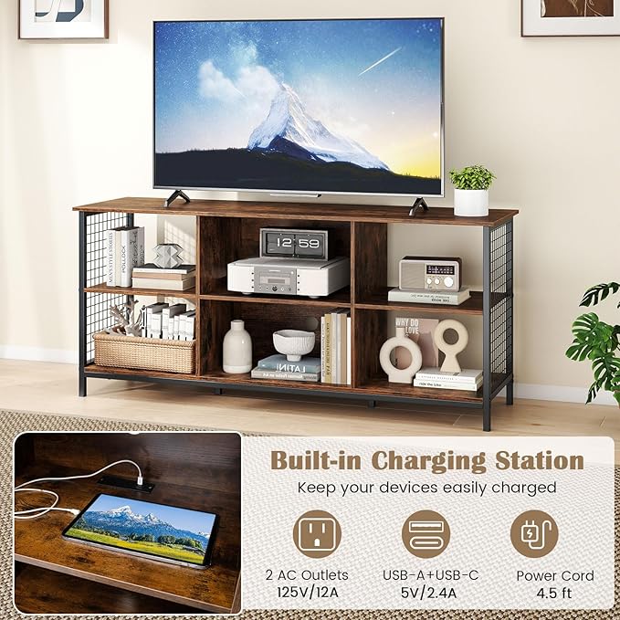 Giantex Industrial TV Stand for TVs up to 65 Inch, 3-Tier Entertainment Center with Power Outlets, Metal Mesh Sides & 2 Cable Holes, 6-Cube TV Console Table for Living Room, Bedroom, Rustic Brown