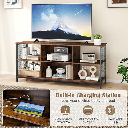 Giantex Industrial TV Stand for TVs up to 65 Inch, 3-Tier Entertainment Center with Power Outlets, Metal Mesh Sides & 2 Cable Holes, 6-Cube TV Console Table for Living Room, Bedroom, Rustic Brown