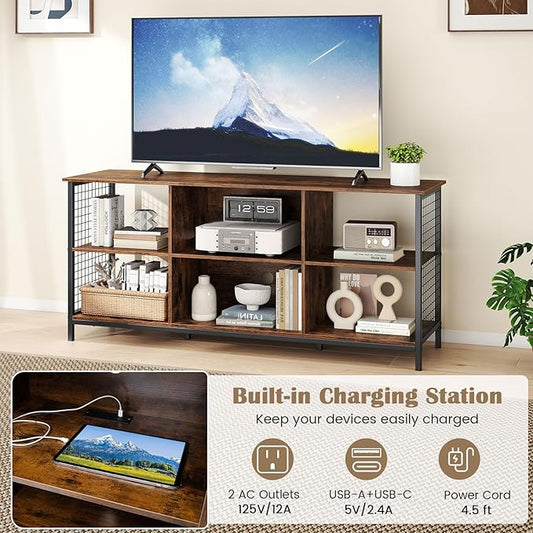 Giantex Industrial TV Stand for TVs up to 65 Inch, 3-Tier Entertainment Center with Power Outlets, Metal Mesh Sides & 2 Cable Holes, 6-Cube TV Console Table for Living Room, Bedroom, Rustic Brown