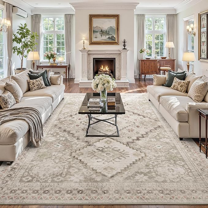 YOH Boho Washable Rug 6x9, Beige Grey Vintage Non Slip Area Rug, Distressed Indoor Carpet for Living Room Bedroom Kitchen Office