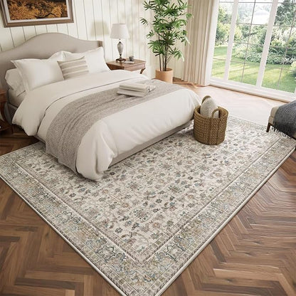 Washable 5x7 Area Rugs for Living Room, Boho Non-Slip Vintage Rugs for Bedroom Dining Room Nursery Office, 0.3" Neutral Oriental Throw Thin Carpet with Cushioning Pad, Cream/Blue/Multi,A2