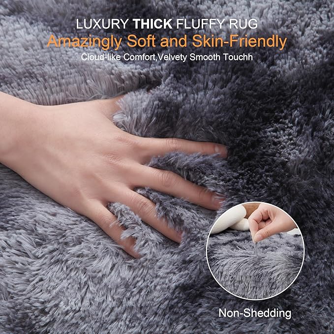 KICHOWUA Thick Area Rug Dark Grey Fluffy Shag 6x9 for Bedroom Living Room Ultra Soft Plush Fuzzy Washable Thickened Non-Slip Carpet, Comfy Shaggy Furry Rug for Kids Baby Nursery Dorm, Tie-Dye Gray