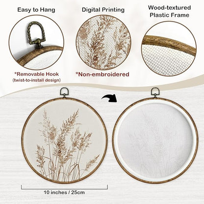 TLESKE Beige Rustic Fall Botanical Round Wall Art Decor Set of 2, Boho Autumn Wildflower Floral Framed Canvas Prints Wall Art Artwork, Neutral Vintage Wall Hanging Decor for Farmhouse Bedroom Living Room 10x10