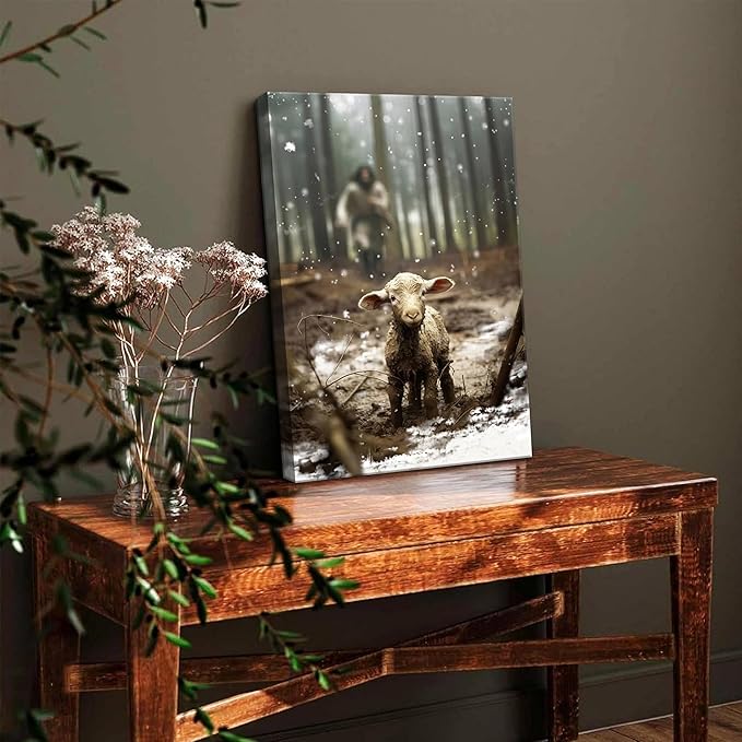 Jesus Christian Wall Art, Jesus Saves the Lost Lamb Canvas Wall Decor, Religion Canvas Art Wall Decor Posters Paintings Prints for Living Room, Bedroom, Prayer Room, Framed 16x24 inch
