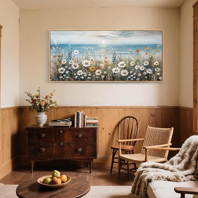 SERIMINO Floral Wall Decor, Extra Large Wall Art for Living Room, Coastal Wall Art, Framed Artwork for Walls, Sunrise Landscape Big Canvas Prints, Daisy Flower Painting Office Hotel Hallway 32"x71"