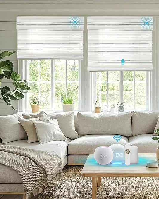 Motorized Bamboo Roman Blinds with Remote, Woven Roman Shades Compatible with Alexa Google Home, Automatic Bamboo Blind for Indoor Windows CustomSize(Harbor Stripe)