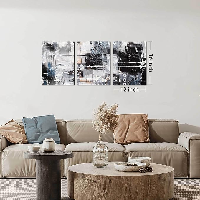 HUBOSKN Abstract Wall Art for Living Room - Modern Black and White Wall Art for Bedroom - Home Office Wall Decor Size 12" x 16" x 3 Piece