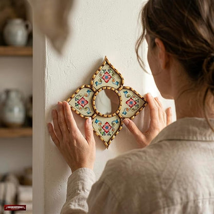 Small Peruvian Mirror, Handmade Artisan Mirror Wall Decor, Reverse Painted Glass Diamond Shape Mirrors 8.26" (Beige)