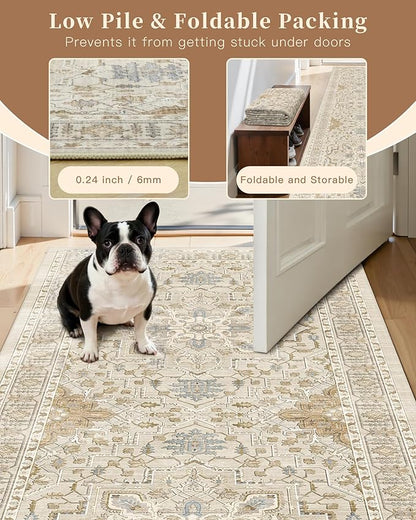 Madane Runner Rug 2'6''x8' Kitchen Runners, Printed Vintage Washable Hallway Rugs Soft Non-Slip Low Pile 2.5x8 ft Runners for Hallways Laundry Room Rug, Beige/Blue