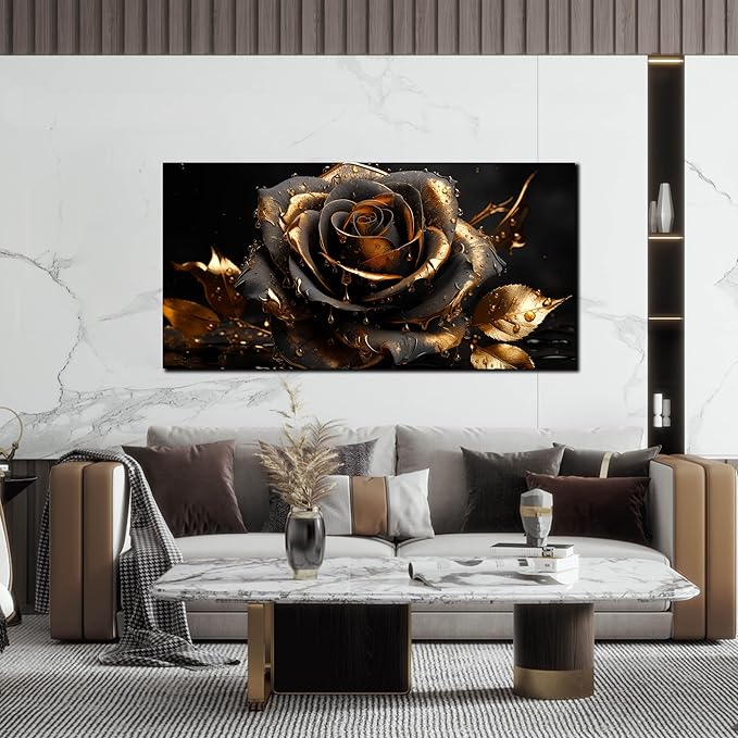 Ouzzlie Large Black Canvas Art for Bedroom Rose Wall Art Flower Picture Gold Wall Decor Artwork for Living Room Office 24" x 48"