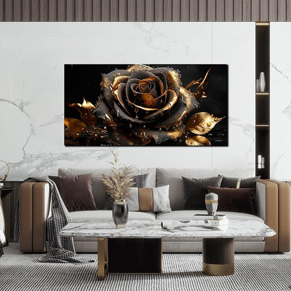 Ouzzlie Large Black Canvas Art for Bedroom Rose Wall Art Flower Picture Gold Wall Decor Artwork for Living Room Office 24" x 48"