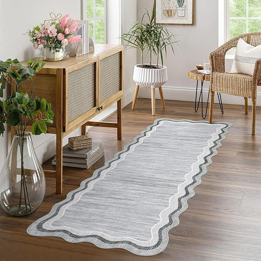 GarveeHome Washable Runner Rug 2x6 Kitchen Hallway Scalloped Rugs Non Skid Stain-Resistant Washable Modern Solid Soft Scalloped Entryway Carpet Runner for Bathroom Laundry Room Bedside(Grey, 2x6)