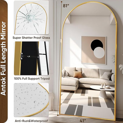 Antok Oversized Full Length Mirror with Stand, 81"x41" Arched Floor Mirror, Aluminum Frame, Wall Mounted/Leaning/Free Standing, Large Body Mirror for Bedroom Living Room Entryway Dressing Room,Gold