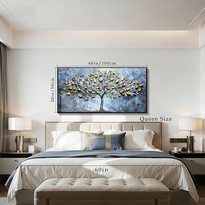 SERIMINO Tree of Life Wall Art, Large Wall Decor, Black Framed Wall Art, Nature Navy Tree Painting, Modern Abstract Canvas Prints, Big Pictures for Living Room Bedroom Office Home Decoration 20"x40"
