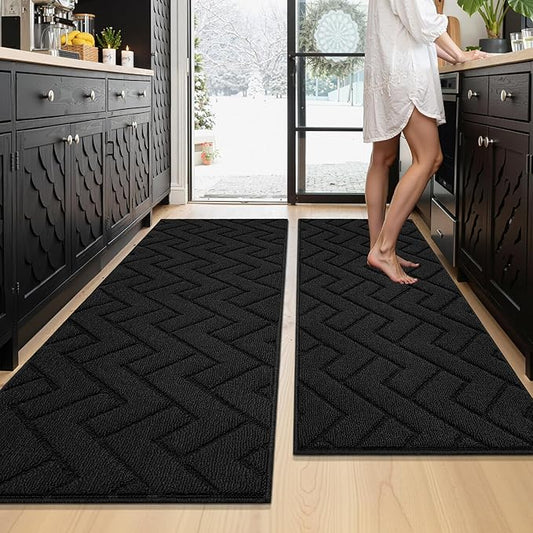 hicorfe Kitchen Runner Rugs and Mats Sets,2 Pieces Absorbent Non-Slip Kitchen Rug,Comfort Kitchen Mat for Floor,Washable for Kitchen,Hallway,Office,Sink,Laundry(20"x59"+20"x48",Black)