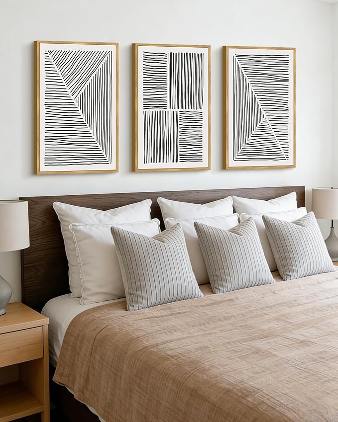 Drsoum Mid-Century Modern Framed Wall Art Large 16x24in Minimalist Abstract Boho Black Line Wall Decor Geometric Artwork Kitchen Dining Room Natural Framed