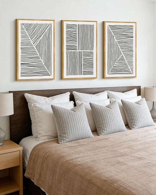 Drsoum Mid-Century Modern Framed Wall Art Large 16x24in Minimalist Abstract Boho Black Line Wall Decor Geometric Artwork Kitchen Dining Room Natural Framed