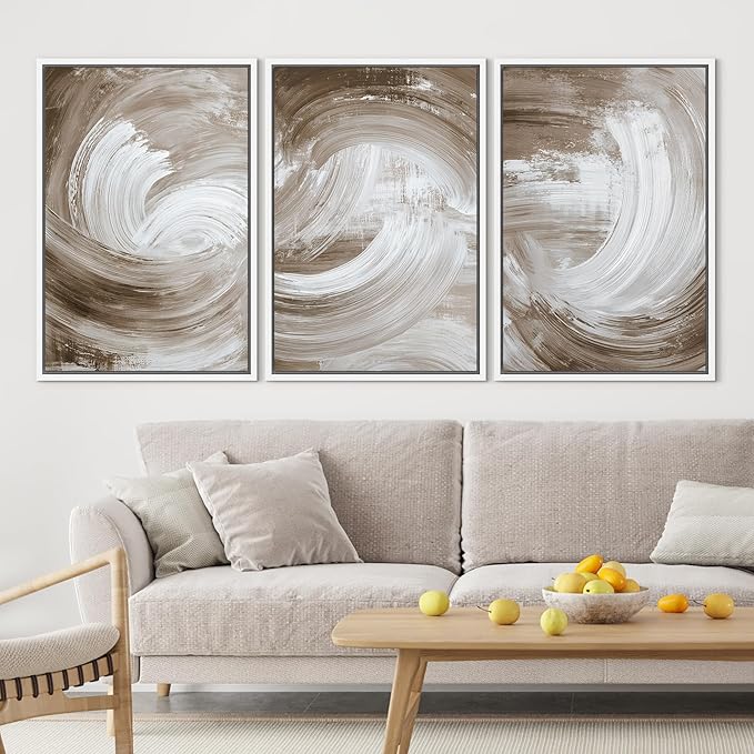 SIGNLEADER Framed Canvas Print Wall Art Set Warm Brown and White Swirl Abstract Illustrations Minimal Decorative Bohemian Nordic for Living Room, Bedroom, Office - 16"x24"x3 WHITE