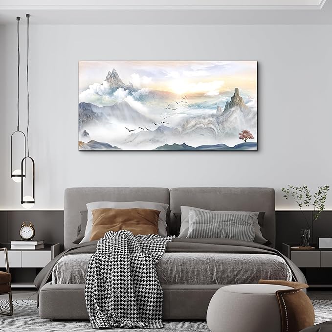 Canvas Wall Art For Living Room Large Size Wall Decoration For Bedroom Mountain Landscape Pictures Wall Decor Watercolor Painting Modern Office Canvas Art Prints Room Decor Ready To For Home Decor